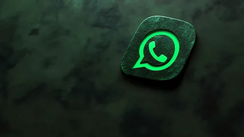 Neon WhatsApp Logo on Textured Stone Surface with Emerald Glow