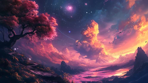 Dreamlit sky over a glowing river of cosmic twilight.