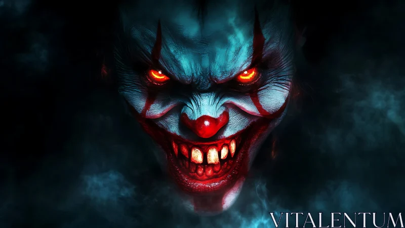 Infernal carnival clown emerges from smoke and shadow.