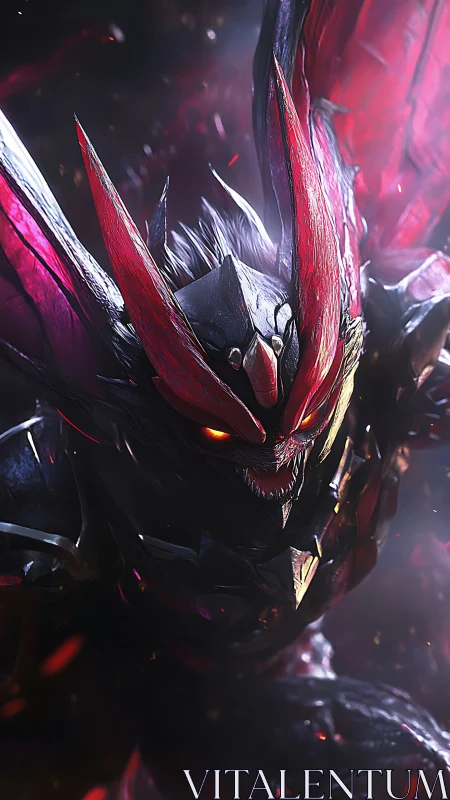 Armored demonic creature with glowing eyes in dark scene.