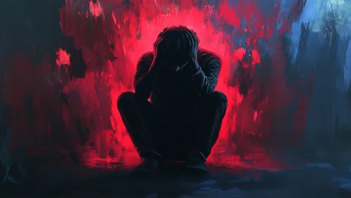 Backlit silhouette of distressed figure against red and blue field