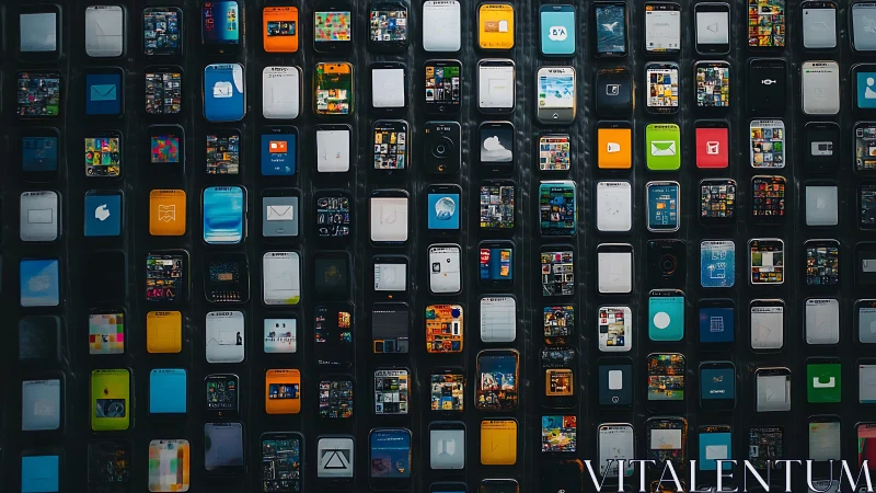 Smartphone grid wall displays dense mosaic of app screens