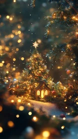 Miniature Christmas tree scene with glowing cottage.