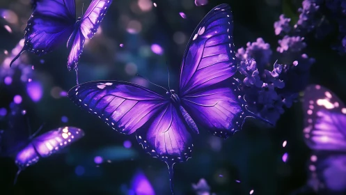Iridescent violet butterflies in cinematic moonlit bloom.