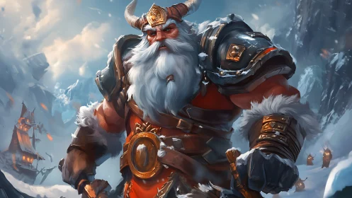 Armored viking warrior in snowy mountain stronghold.