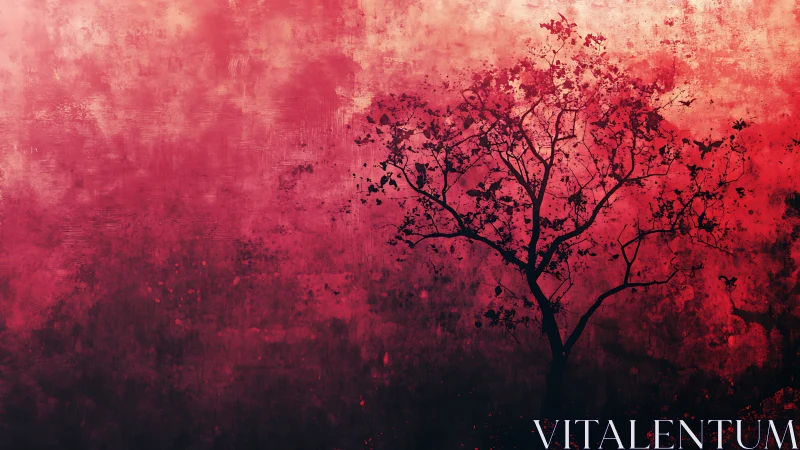 Silhouetted tree intersects textured crimson gradient field