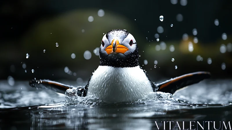 Vibrant puffin splashing in water, high-contrast wildlife photo.