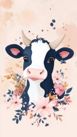 Cute cow portrait framed by pastel flowers and soft petals