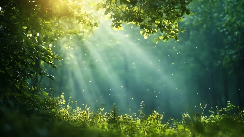 Sunbeams Shining Through Lush Forest Canopy in Dreamy Morning Light.