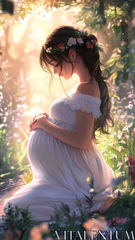 Pregnant woman kneeling in soft sunlight forest clearing