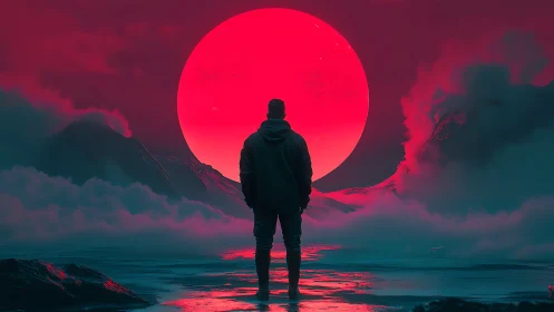 Solitary figure surveys neon red sun over fogged alien seascape