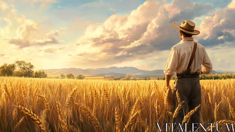 Backlit farmer surveys ripe wheat field under volumetric clouds