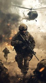 Firestorm advance with soldiers and roaring rescue chopper.