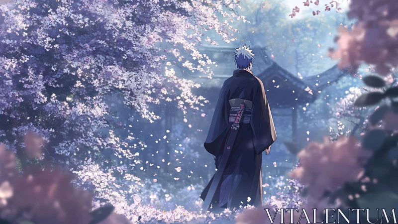 Lone swordsman drifts through twilight garden of blossoms.