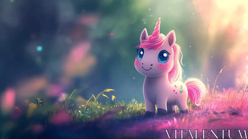 Cute pastel unicorn stands in glowing enchanted meadow
