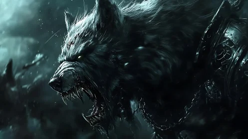 Ferocious armored werewolf lunges through stormlit shadows.