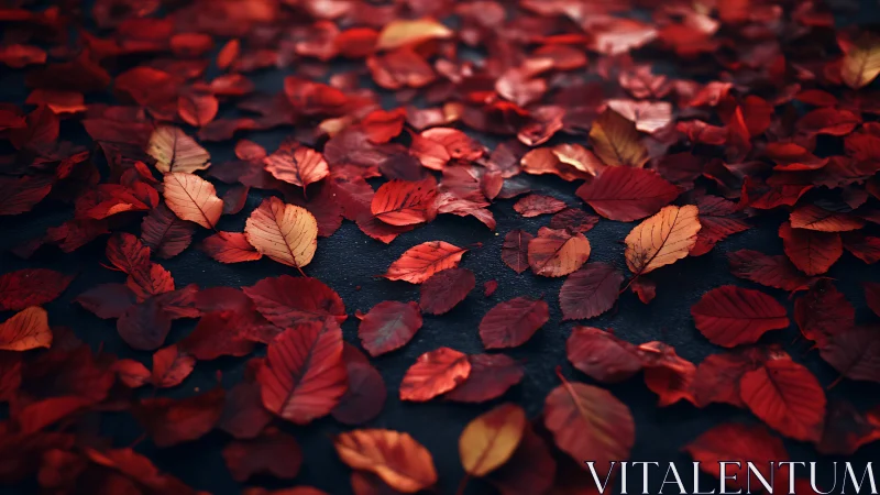 Crimson autumn leaves gently scattered on a quiet path.