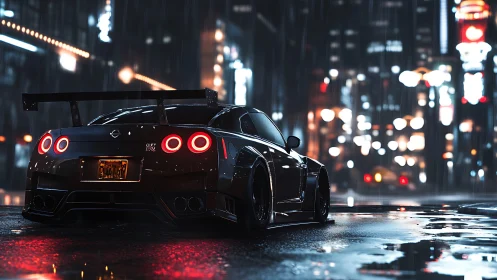 Midnight sports car on wet neon city street in rain.