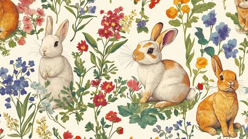 Illustrated rabbits integrated with dense floral patterning on cream