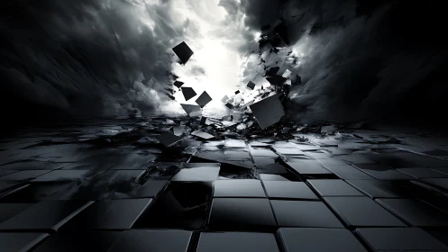 Shattered black cubes erupt toward a stormlit digital void