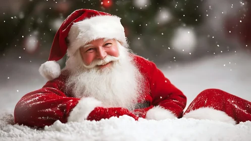 Smiling Santa Claus lying in fresh snow outdoors.