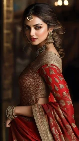 Regal bridal portrait in ornate red and gold sari attire.