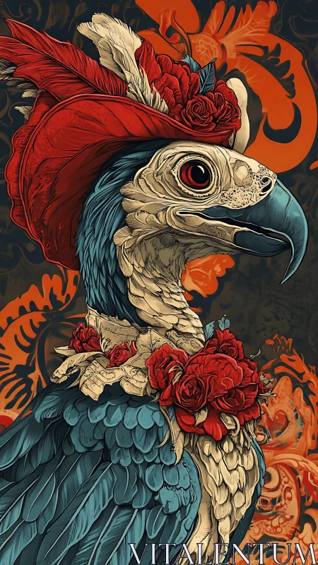 Stylized bird portrait shows detailed plumage and floral adornment