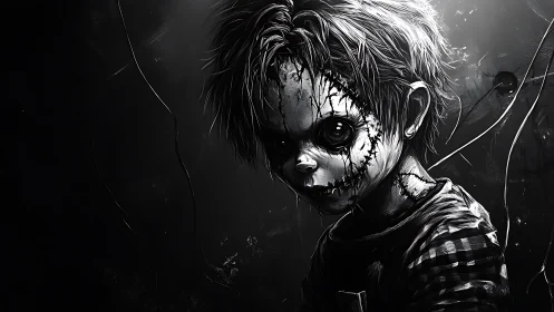 Stitched doll-like child in stark monochrome horror scene.