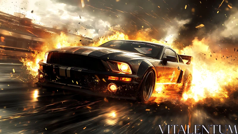 Muscle car drifting through flames on wet city street.