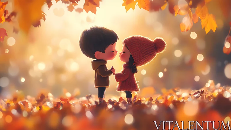 Two stylized figures interact amid autumn foliage and warm light effects.