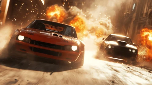 Cinematic urban car chase rendered with dynamic explosion lighting