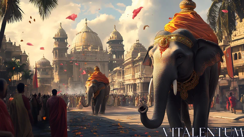 Ornate elephants parade before domed temple in golden light