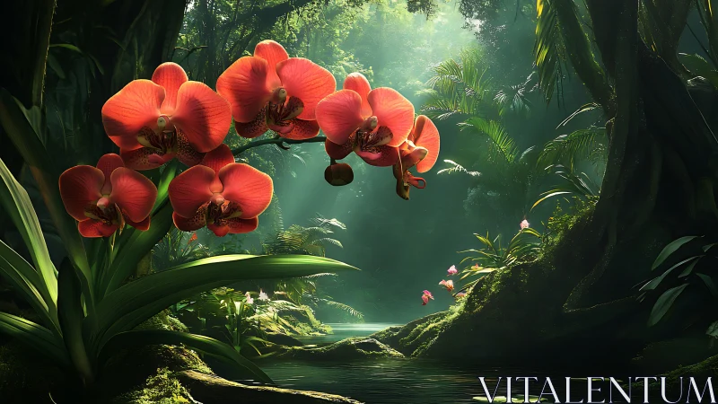 Red orchids over lush jungle river in soft morning light.
