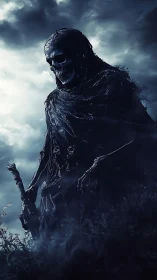 Digital painting of skeletal reaper cloaked in stormlit mist.