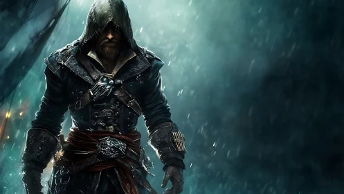 Hooded armored figure stands in rain against dark background