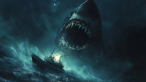 Massive sea monster shark towering above stormy patrol ship.