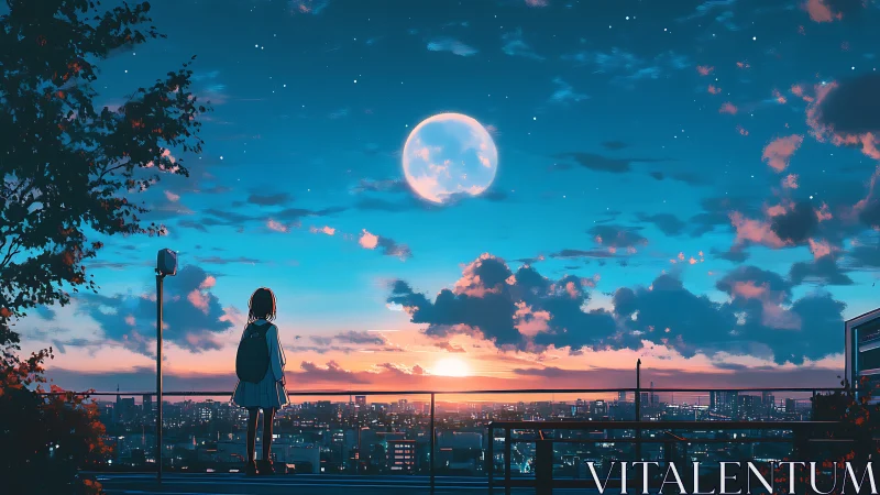 Girl on rooftop gazes at moonlit city sunset skyline.