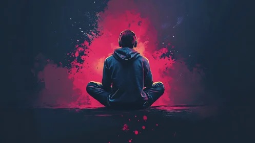 Person sits cross-legged in front of bright pink light splash