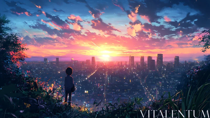 Sunset skyline panorama with solitary observer above city.