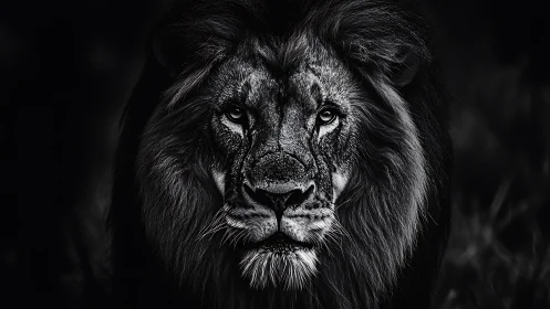 Majestic lion stares from deep shadows in monochrome portrait.