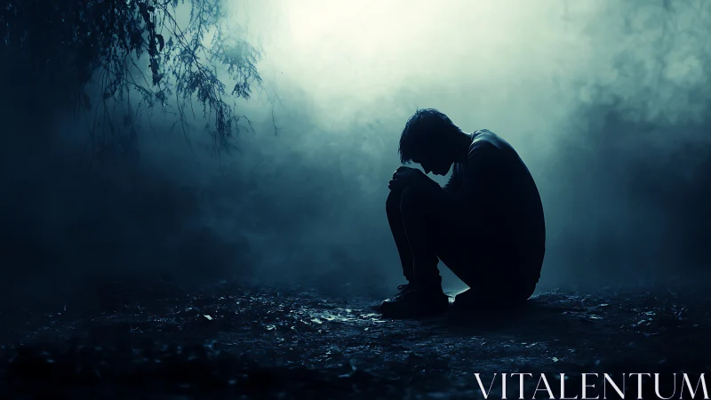 Silhouetted figure sits on forest floor in dense blue fog