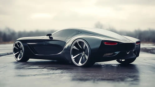 Futuristic black sports coupe parked on wet overcast pavement