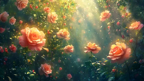 Sunlit peach roses float in dense, softly lit garden air