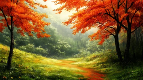 Crimson Woodland Stream: Autumn's Golden Canopy.