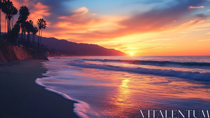 Tide-kissed sunset paints palm-lined coast in molten color