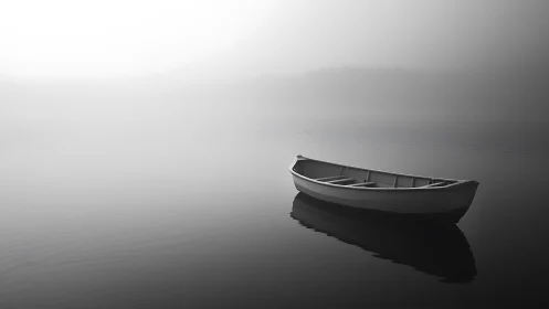 Moored rowboat in foggy monochrome lake with mirror reflection.