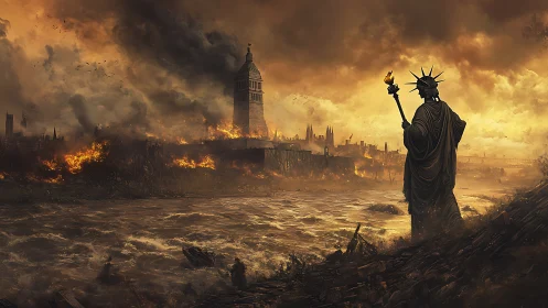 Liberty&rsquo;s lone torch over a drowned, burning empire at dusk.