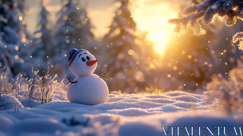 Cheerful snowman sits in glowing winter forest sunset