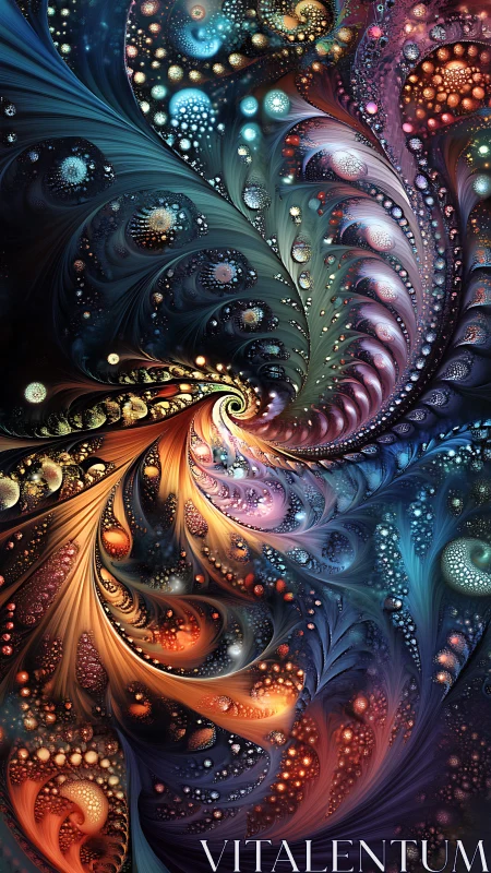 Swirling cosmic fractal garden in glowing rainbow colors.