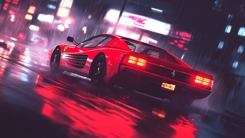 Red sports coupe in wet neon city street at night scene.